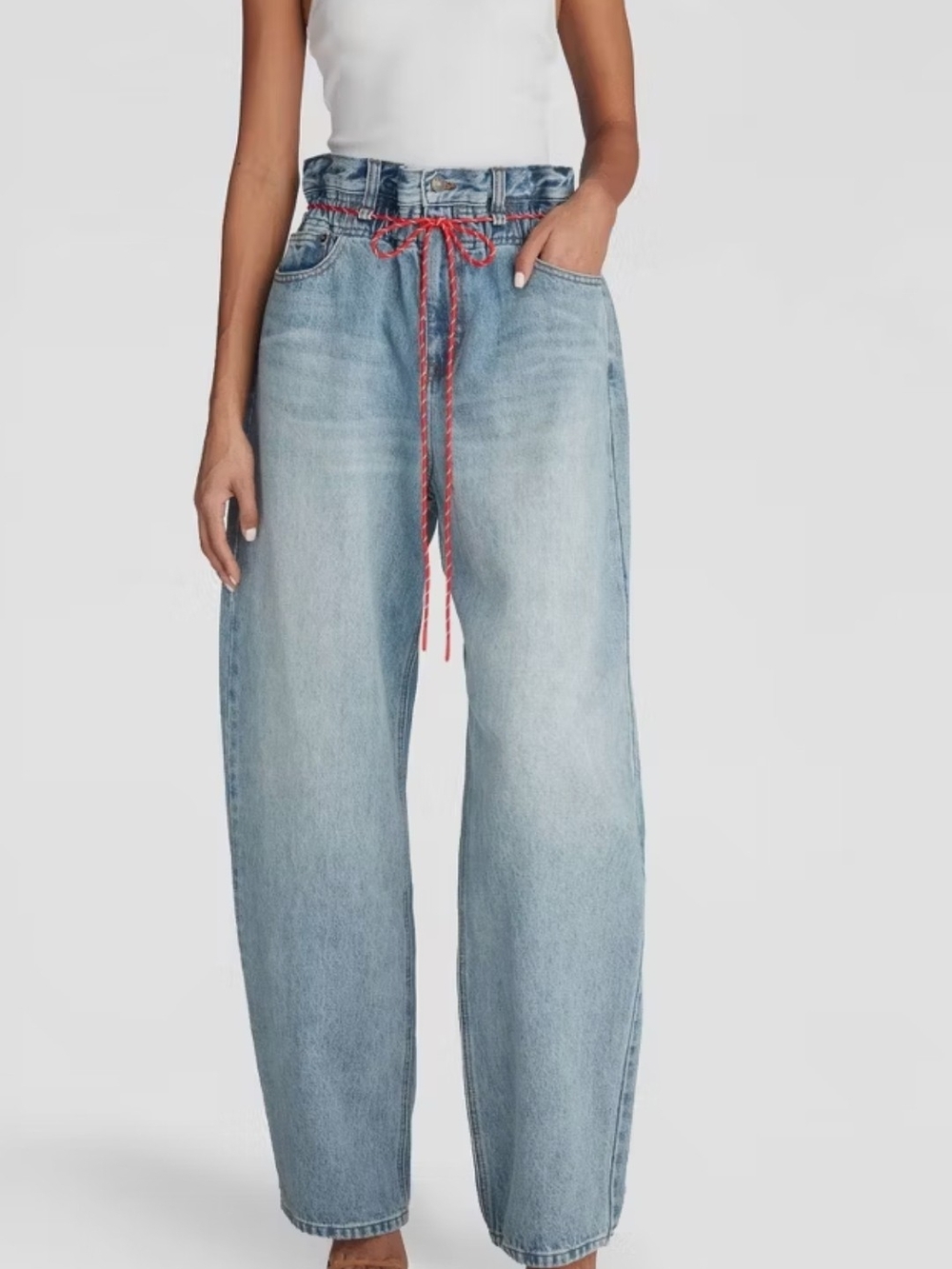 Light Blue Paperbag Waist Wide-Leg Jeans with Red Drawstring Barrell Leg